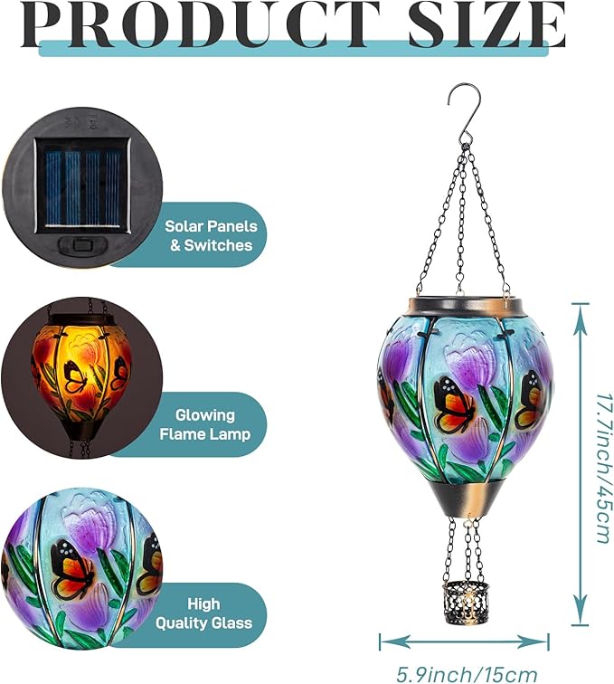 Butterfly Flower Solar Hot Air Balloon Lantern with Flame, Glass Balloon Lantern Outdoor Waterproof Lights, Hanging Solar Lights for Outside Garden Patio Porch Tree Yard Gift for Mom