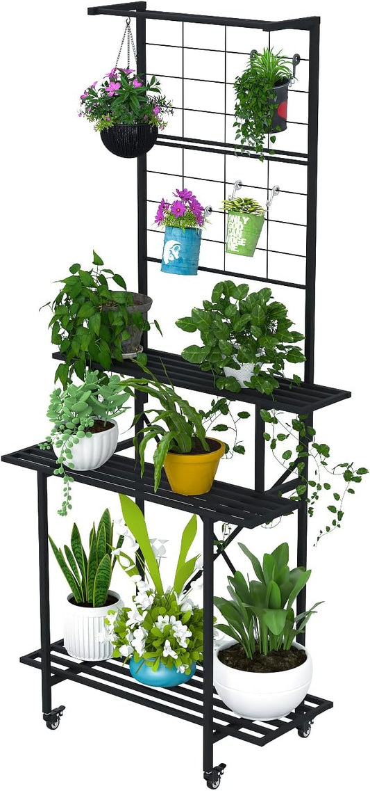 Zhongma 3 Tier Heavy Duty Plant Stand with Hanging Plant pot shelf with wheels, 35.43 L x 18.11 W x 81.1H multi layer plant Holder for Home, Garden, Plant Lovers,Metal Storage Rack Shelf/Freestanding