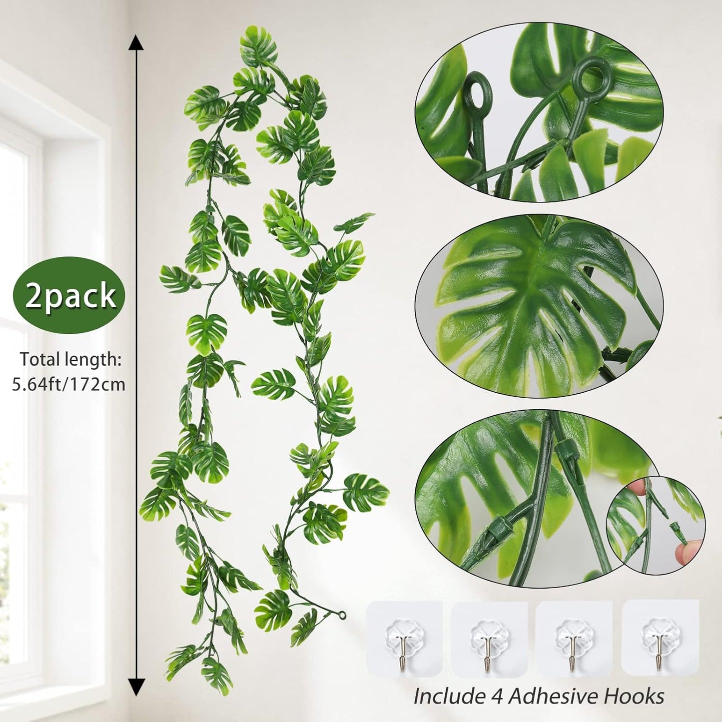 RECUTMS 2Pcs Artificial Monstera Leaf Vines 5.9FT Fake Hanging Plants Ivy Faux Tropical Palm Leaves Greenery Garland for Garden Porch Patio Jungle Luau Beach Birthday Party Indoor Outdoor Spring Décor