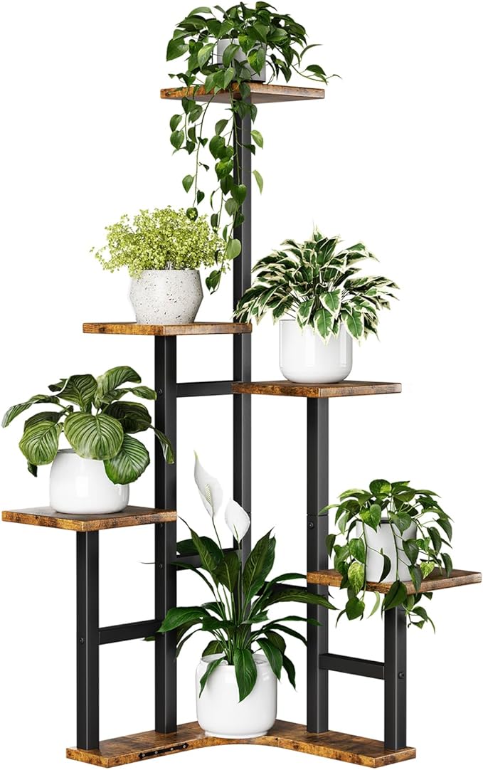 Corner Plant Stand Indoor, 6 Tier Corner Plant Shelf Flower Stand for Multiple Plants, Plant Shelves Organizer Rack for Living Room, Balcony, Patio, Garden, Square Rustic Brown