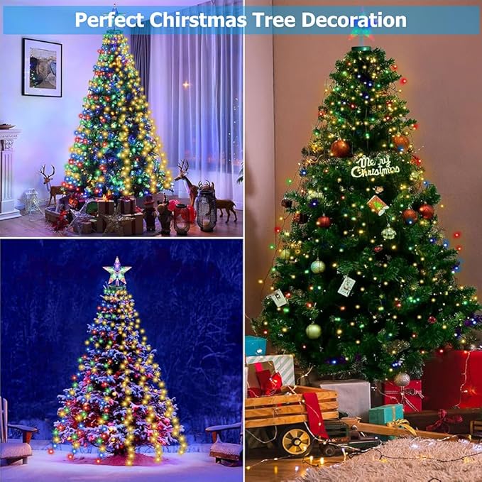 LED Christmas Tree Lights for Garden Decor, 6.6 FT 16 Lines Warm White & Multicolor String Lights with Star Topper, Christmas Ornaments Lights with Timing Function & 11 Modes Remote Control