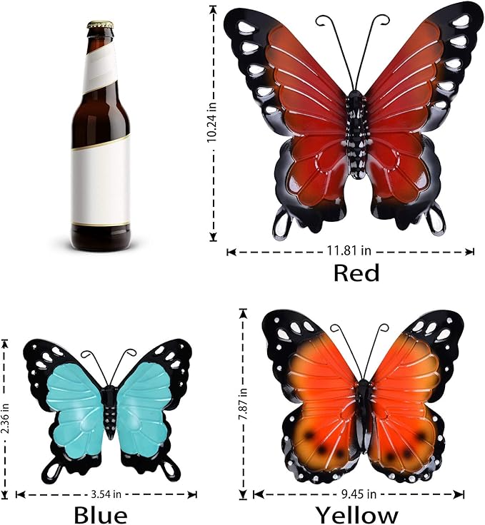 EASICUTI Metal Butterfly Wall Decor Butterfly Wall Art Hanging Sculpture For Indoor Outdoor Home Bathroom Living Room Bedroom Or Porch Patio Fence Orange Red Blue Set Of 3