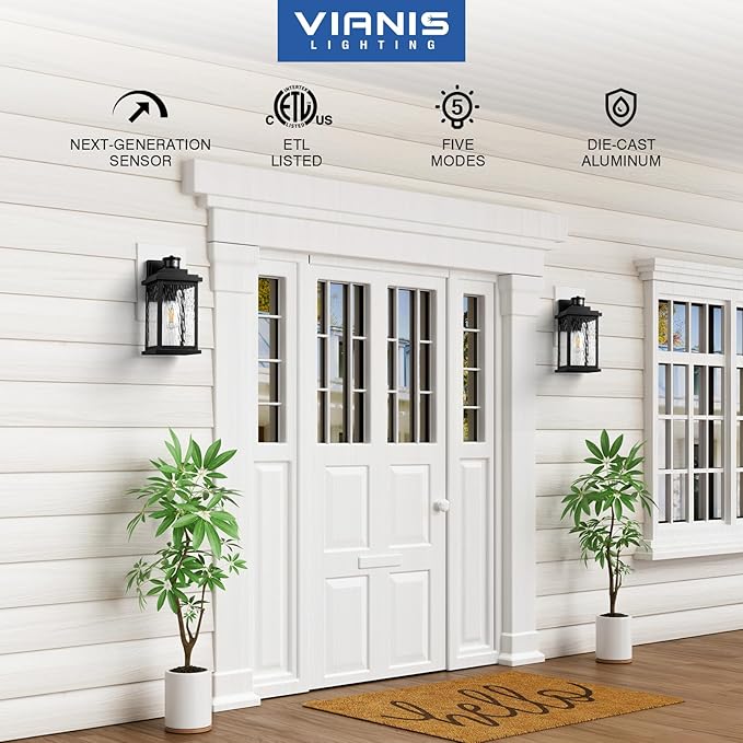 VIANIS Large Advanced Motion Sensor Outdoor Lights, Black Easy-to-Install Dusk to Dawn Outdoor Wall Lights, Aluminum Waterproof Porch Light with Water Glass for Porch, Garden, Front Door