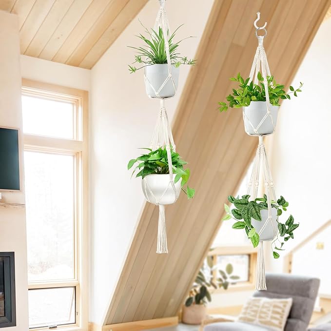 Belit 2 Pack Double Macrame Plant Hangers 2 Tier Hanging Planter Basket Decorative Flower Pot Holder Rope for Indoor Outdoor Home Decor 51 Inch