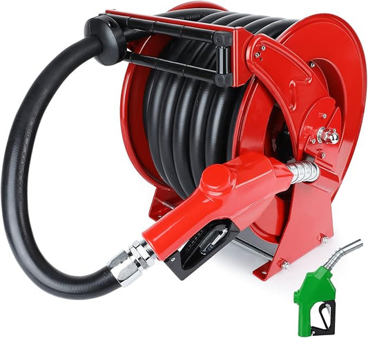 Fuel Hose Reel with Fueling Nozzle, 1" x 50FT Retractable Diesel Hose Reel, 300 PSI Industrial Heavy Duty Auto Swivel Rewind Hose Holder Reels, for Vehicle Tank Truck Trailer Ship
