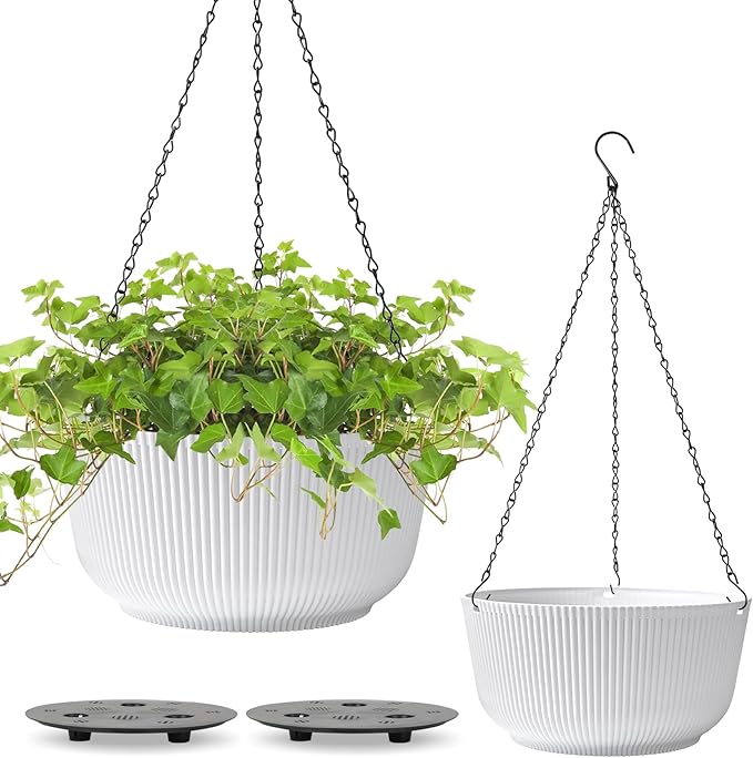 T4U 12 Inch Large Hanging Planters for Outdoor Plants, 2 Pack Self Watering Hanging Pots Indoor, Hanging Baskets for Plants,Hanging Flower Pot with Drainage Hole and Plant Hanger, White