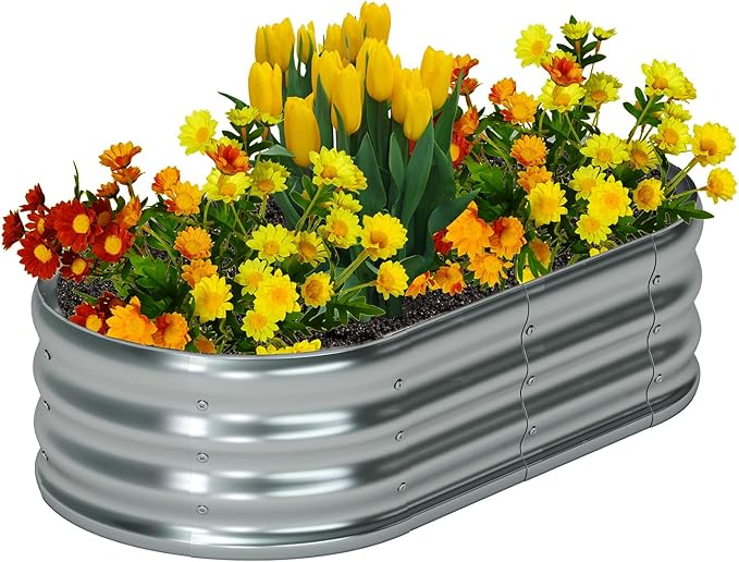 zizin Galvanized Raised Garden Bed Metal Oval Raised Garden Beds Outdoor Planter Box for Vegetables (4x2x1.3FT, Silver)