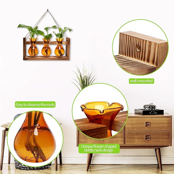 Plant Propagation Station Plant Terrarium Unique Birthday Gifts for Women Plant Lovers Home Office Decor Planter with Wooden Stand - 3 Bulb Glass Vase