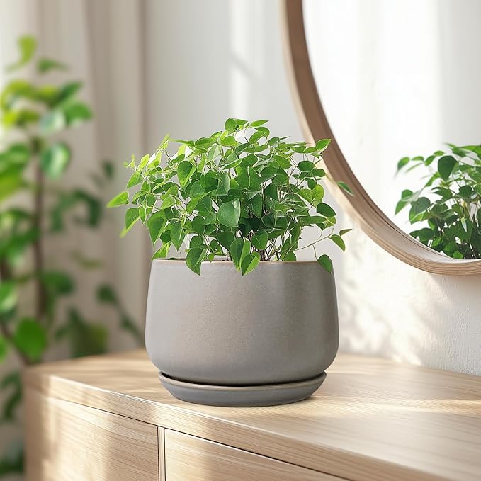 G EPGardening Ceramic Pots for Plants 7 Inch - Large Ceramic Planters for Indoor Plants Outdoor Modern Flower Pot with Drainage Holes and Saucer for Office Garden Patio Grey
