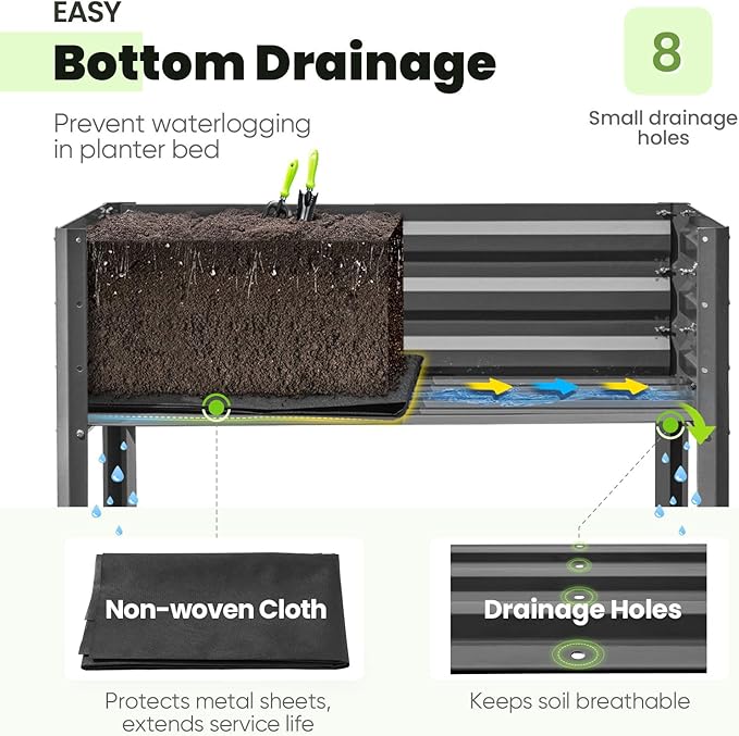 KING BIRD Raised Garden Bed with Legs Galvanized Elevated Planter Box for Backyard, Patio, Balcony, 33.9x17.7x31.5in, Dark Grey