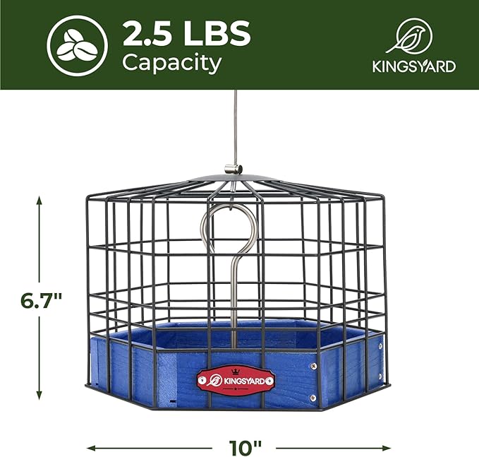 Kingsyard Squirrel Proof Platform Bird Feeder for Outdoor Hanging, Caged Bird Feeder for Bluebird Mealworm, Recycled Plastic Feeding Platform with Metal Mesh Tray, Special for Small Birds, Blue