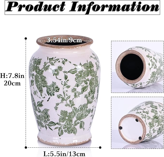 Vintage Vase for Flowers,Green Chinoiserie Ceramic Vase,Rustic Farmhouse Cracked Vases,for Flower Arrangement,Living Room, Office, Shelf, Fireplace Tables,Centerpieces,Chinoiserie Pottery Decor(B)