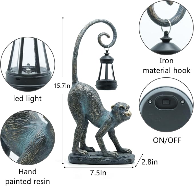 Resin Monkey Statue with Solar Light - Whimsical Garden Decor, Good Luck Gifts for Women,Outdoor Statues Yard Decor for Patio,Porch,Home - Unique Housewarming Gifts