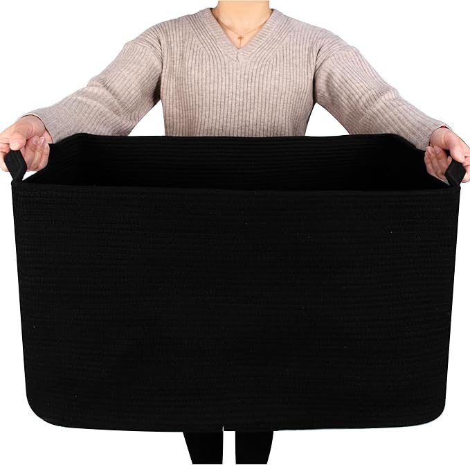 MINTWOOD Design 22in Extra Large Blanket Basket Holder Living Room, Rectangle Rope Woven Storage Basket with Handles for Laundry, Pool Towels, and Shoes, Dog Toy Organizer Bin Box, Full Black