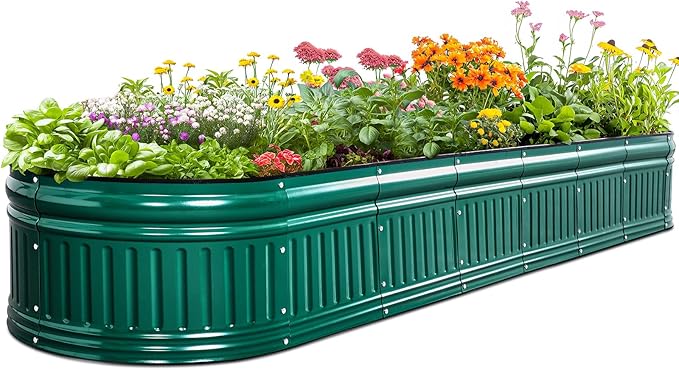 KING BIRD Raised Garden Bed Kit 2025 Upgraded Modular DIY Galvanized Planter Garden Box Outdoor for Gardening, Vegetables, Flowers, Elegant Roman Column Design, 94x24x12 in, Dark Green