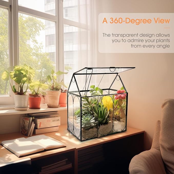 Plant Terrarium Jar, Rifny Indoor House Shape Glass Terrarium Planter with Lid for Venus Fly Trap Succulent Live Air Plants, Small Terrarium Decor for Home Office (Without Plants)