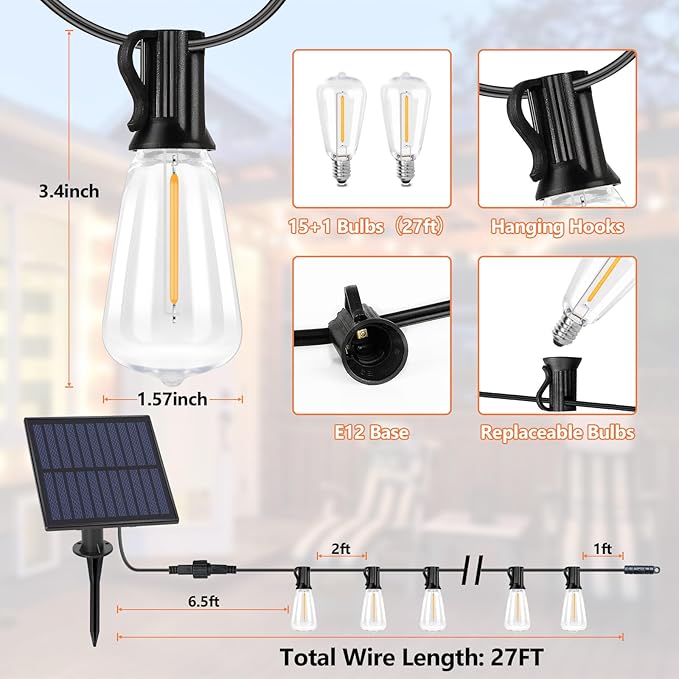 Bosceos Solar String Lights Outdoor with Remote, 27FT Solar Powered LED Lights for Outside with 16 Shatterproof ST38 Bulbs, Dimmable Light String, Patio Hanging Light for Backyard Garden Party Decor