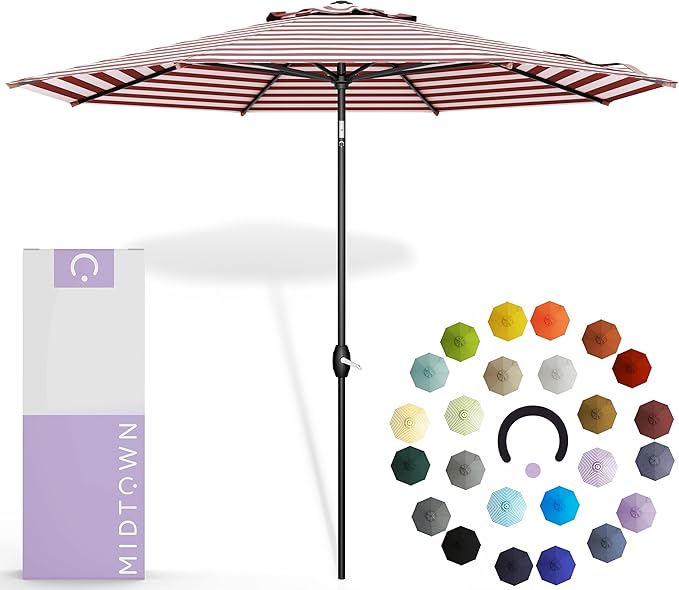 MIDTOWN UMBRELLAS The Lean 8 Feet Outdoor Umbrella With Terylast Red Stripes (Red/White Stripes) Polyester Fabric - 8 Ribs Aluminum Frame Patio Umbrella With Zinc Alloy Crank Lift And Auto-Tilt System