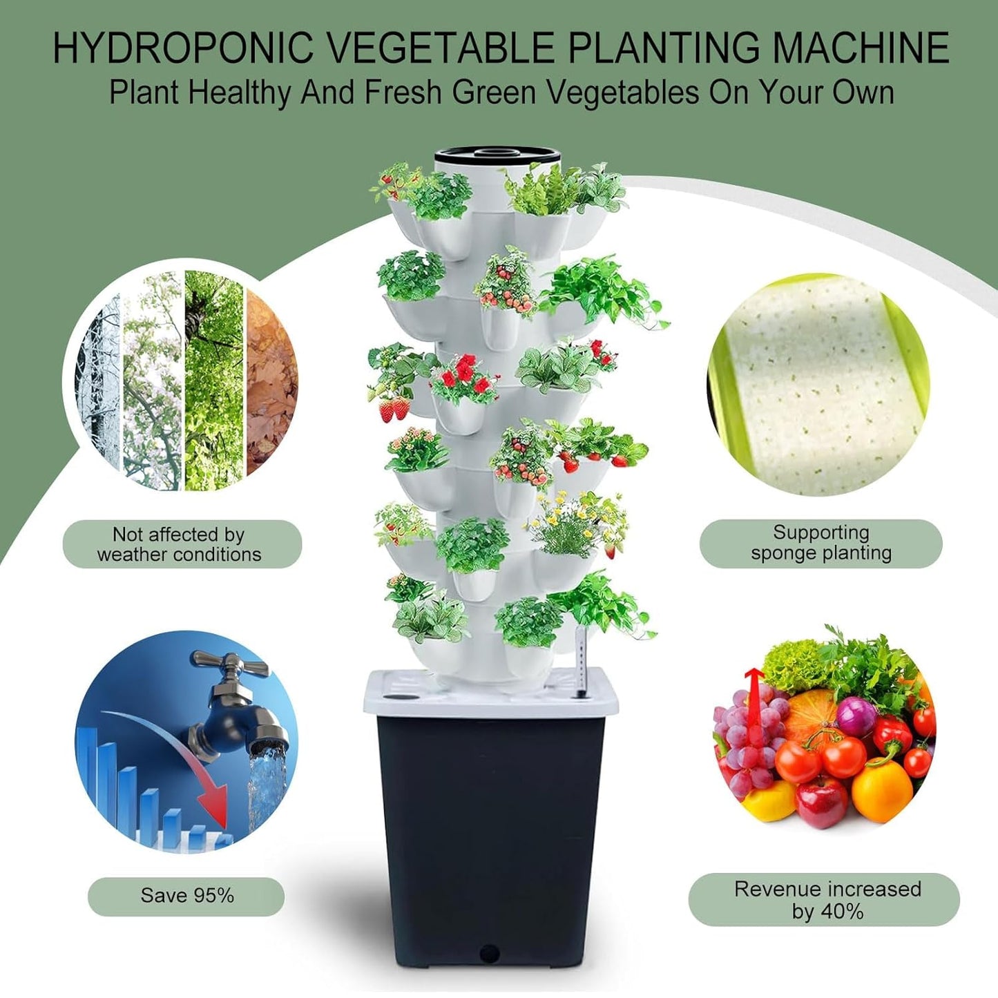 Hydroponics Tower Indoor Growing System Vertical Garden Planter Indoor Smart Garden Kit with Pump and Movable Water Tank Vegetable Plant Gift for Gardening Lover (30-Plants)
