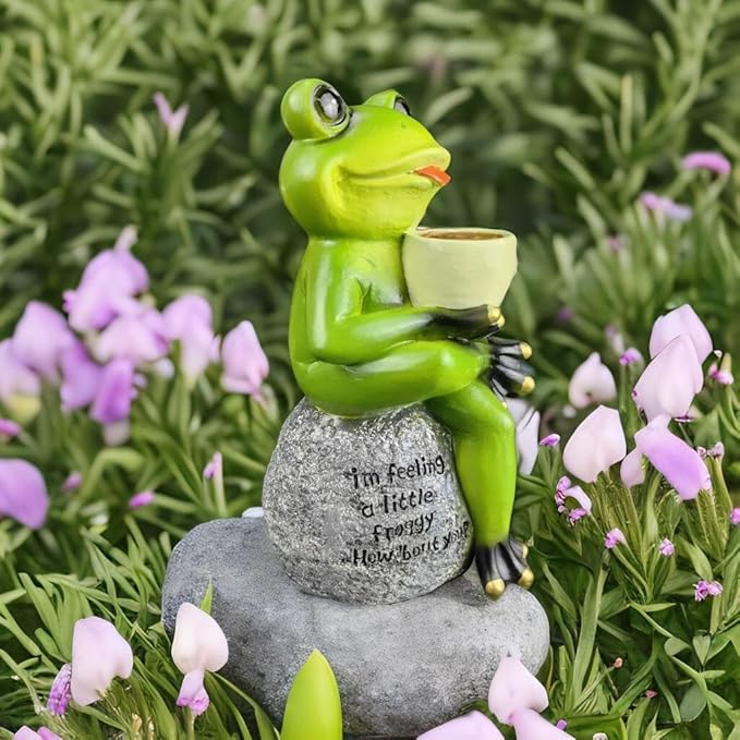 Spring & Summer-Themed Garden Statues – Adorable Outdoor Decor for Lawn, Patio & Porch (Coffee Drinking Frog Garden Statue with Funny Quote)