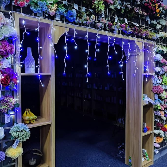 YASENN 300Led Icicle Style String Lights 29.5FT,Update Connectable 8 Lighting Modes with Timer Icicle Lights for Home Garden Outdoor Indoor Eave Decor (Blue and White LED White Cable)