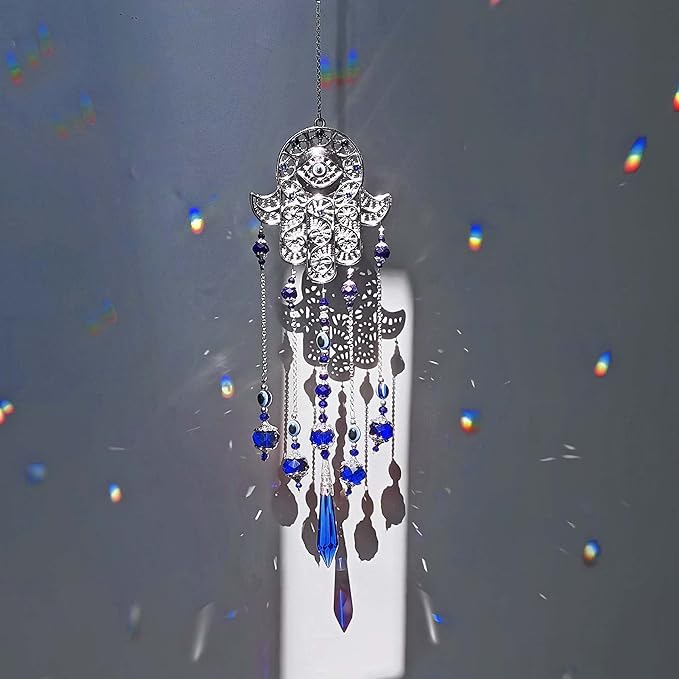 Crystal Prism Suncatcher Ornament with Hamsa Fatima Hand Protection Charm Turkish Greek Blue Evil Eye Sapphire Crystals Beads for Window Hanging Decoration