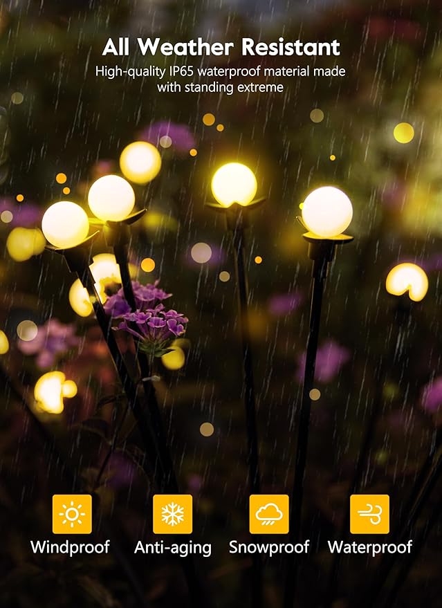 Solar Garden Lights - 8 Pack 12 LED Solar Firefly Lights with 2 Lighting Mode, Sway by Wind, Waterproof Solar Outdoor Light for Yard Patio Walkway Decoration, Warm White