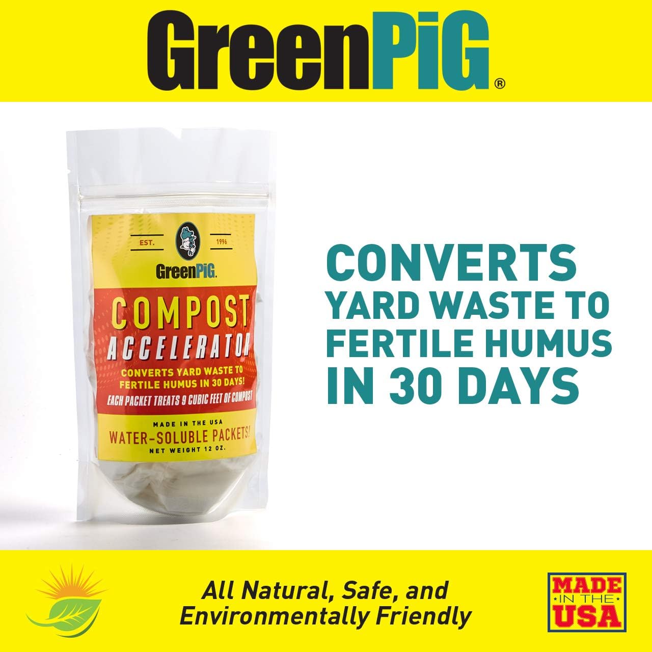 GREEN PIG Compost Accelerator Converts Yard Waste to Fertile Humus in 30 Days and Helps Control Odors Associated with Compost Piles, 1 Bag (12 Dissolvable Packets)