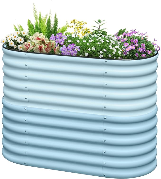 KING BIRD Raised Garden Bed 2.85 ft Tall 6 in 1 Galvanized Planter Garden Box Outdoor for Gardening, Deep Root Vegetables, Flowers 47.2X23.6X34.2 in, Light Blue