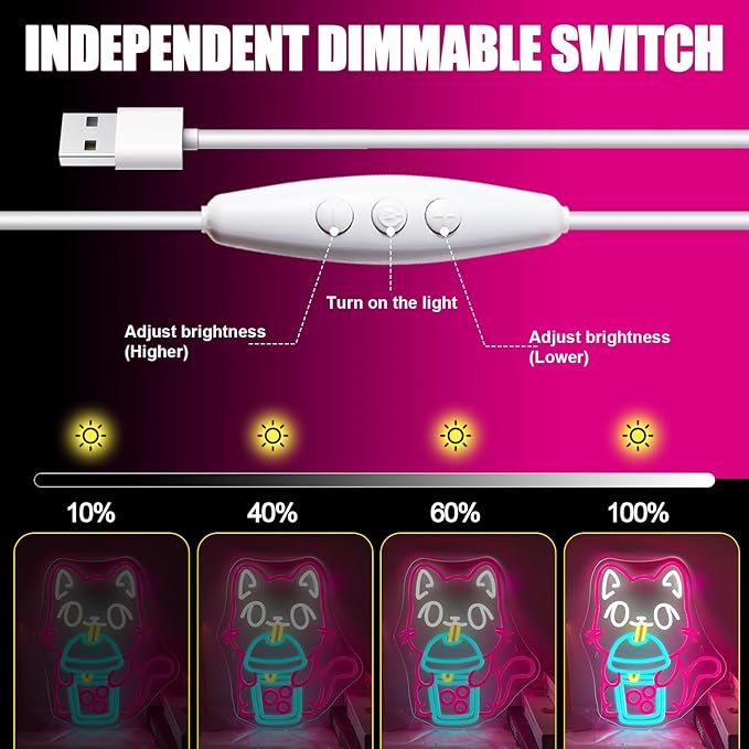 Cat Boba Tea Neon Sign,Cute Pink Kitty Bubble Tea Neon Signs for Wall Decor,Dimmable LED Neon Light Bar Sign,USB Light Up Signs for Kids Bedroom Dimsum Store Cofes Bar Milk Tea Shop