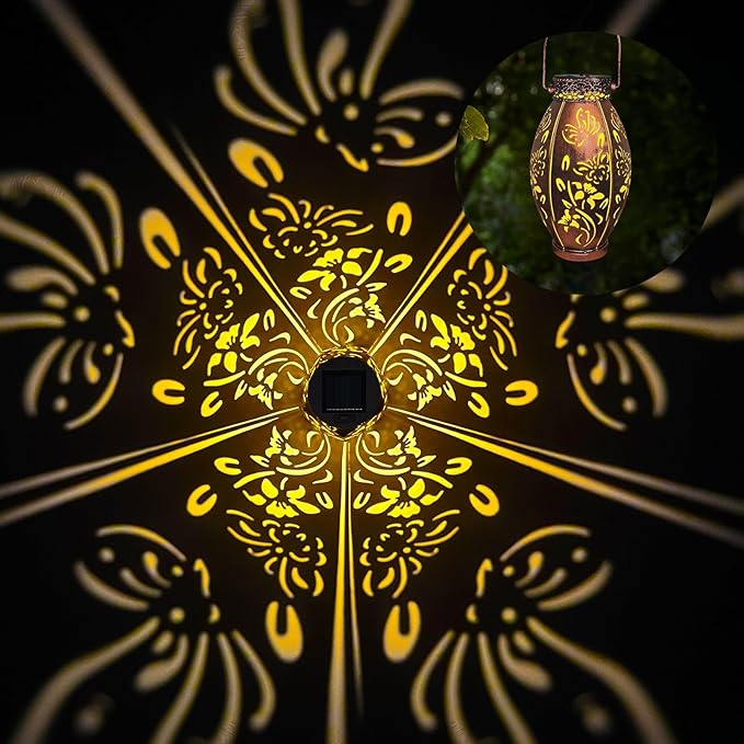 pearlstar 2 Pack Butterfly Solar Lantern Hanging Light Outdoor Waterproof Decorative Metal Solar Lamp for Table Garden Yard Patio Balcony Pathway,Copper,Birthday Gifts for Women Mom Men,Butterfly