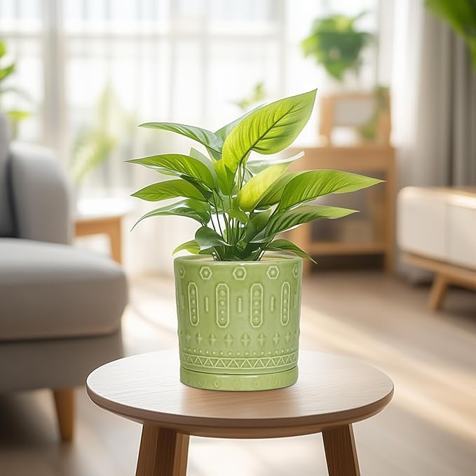 Ceramic Pot for Plants - 6 Inch Indoor Planter with Drainage Hole and Saucer, Round Decorative Flower Pots Outdoor, Boho Succulent Planter, Garden Home Decor, Gifts for Plant Lover, Green