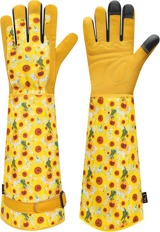 DLY Gardening Gloves for Women, Rose Gloves Gardening Thorn Proof, Long Garden Gloves for Women, Breathable Cowhide Leather Gauntlet (Medium, Yellow