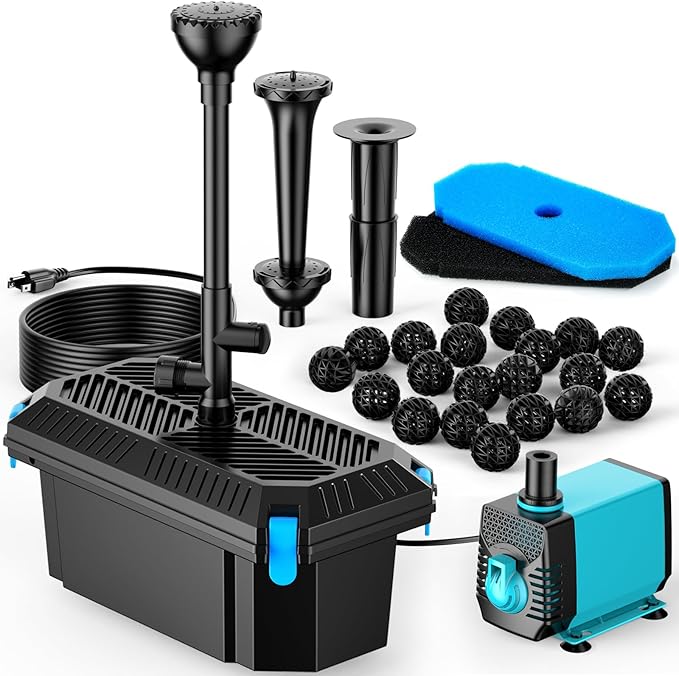 POPOSOAP Pond Filter with Pump Fountain Kits, 660GPH Pond Filter with 40W Pond Pump & Fountain Kit, Koi Pond Filters for Outdoor Ponds Clean, Clear, and Add Water Features(Corded Electric)