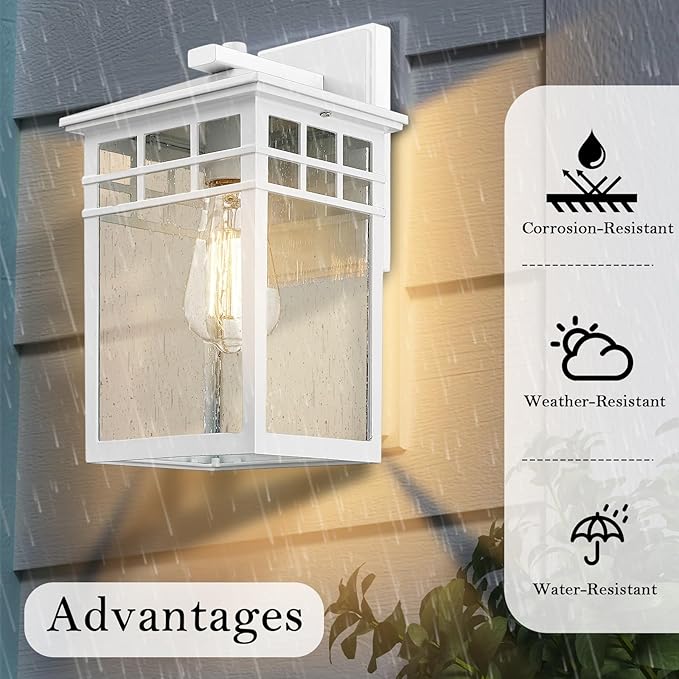 Outdoor Light Fixture Wall Mount, Rustic Exterior Lights Fixture Wall Sconces with Seeded Glass for Front Porch, Waterproof Outdoor Lantern in White Finish for Home, Garage, Barn, Storefront