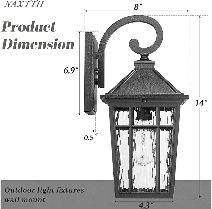 Outdoor Light Fixture 14 Inch Height Outside Wall Lights Black Finish and Water Ripple Glass Exterior Lights for House Garage Porch and Garden E26 Socket 2-Pack