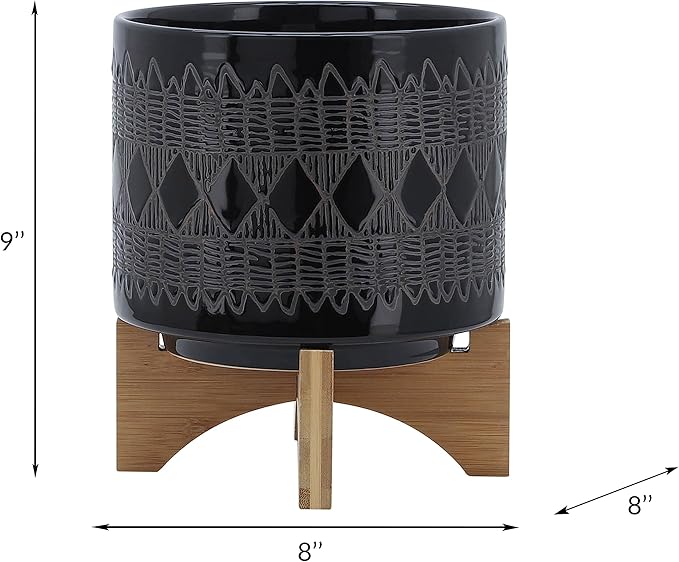 Sagebrook Home Black and Gray Aztec Design Ceramic Planter with Solid Rubberwood Stand for Tabletop Display in Living Room, Bedroom, or Office