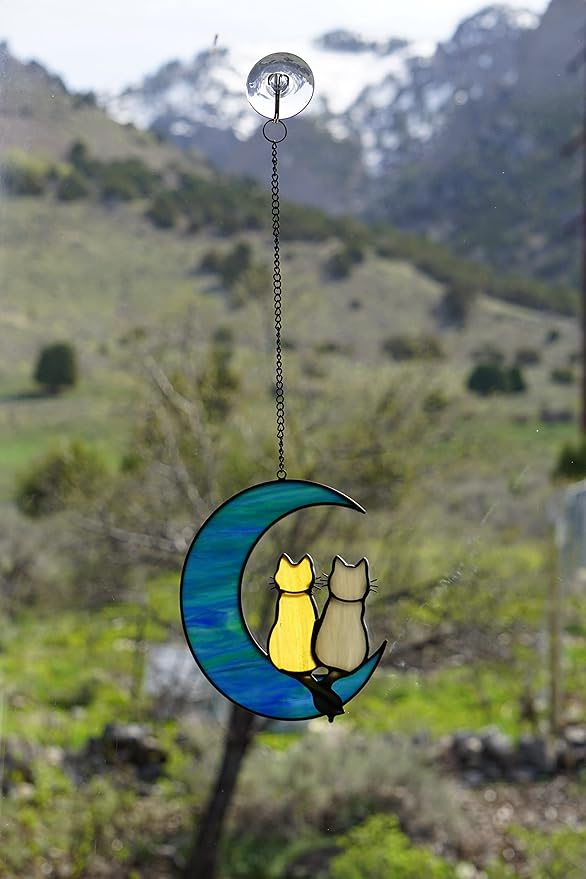 Cat Stained Glass Suncatcher – Cat on Moon Real Glass Window Hanging – Unique Modern Design Wall Art for Home or Garden Décor – Perfect Cat Lover Gift