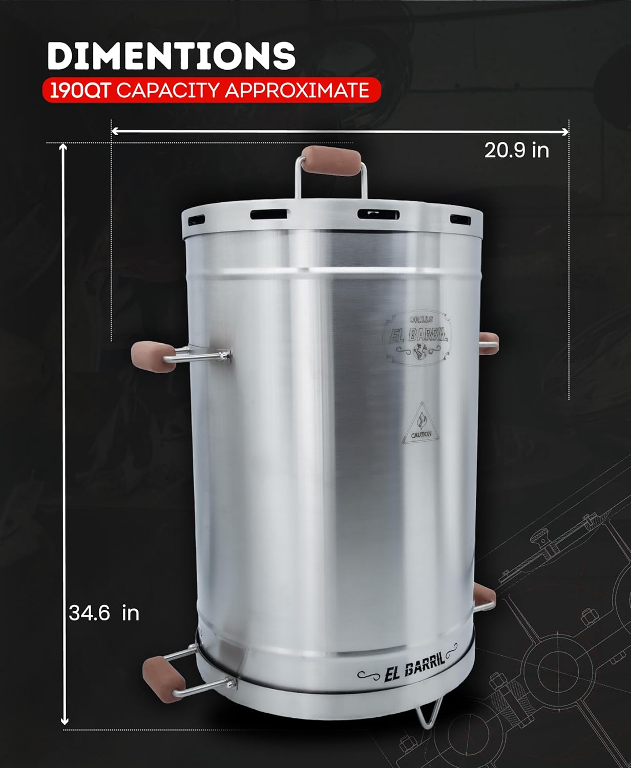 El Barril Lite Large Barrel Smoker Grill, Stainless Steel 430, 45 lb Capacity, 14 Meat Hooks, Upper Grill and Handler, Outdoor Vertical Charcoal BBQ (Lite 45LBS Large)