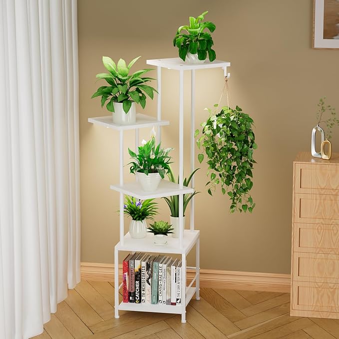 Plant Stand Indoor with Grow Light, 5-Tiered Tall Plant Stand Indoor, Metal Plant Shelf with Hanging Basket Hook and Adjustable Light, Ideal for Living Room, Garden, Patio white
