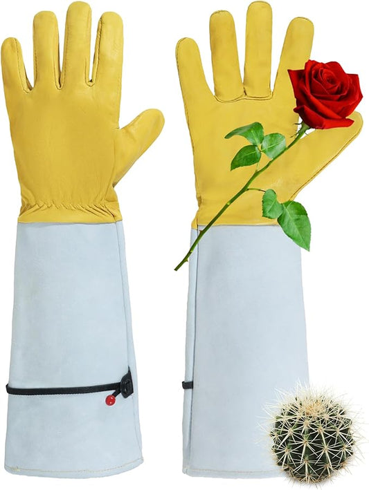HANDLANDY Rose Gloves for Men & Women, Long Leather Gardening Gloves Thorn Proof, Best Garden Gifts & Tools for Gardener (Yellow-beige, Small (Pack of 1))