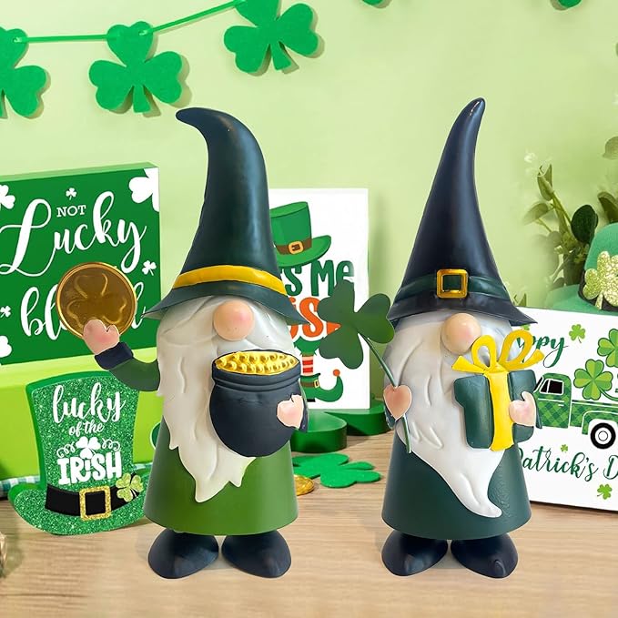 HONGLAND St. Patricks Day Decorations Outdoor Green Gnomes, Metal Gnomes Figurine Irish Leprechaun St Patricks Day Decor, Luck Shamrock Gnome for Home Outside Garden Lawn Party Yard Patio (14 INCH)