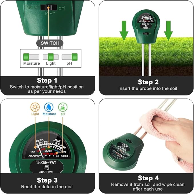 3-in-1 Soil pH Meter - Moisture, Light, and pH Tester for Garden, Lawn, Farm, Indoor & Outdoor Plant Care, Green