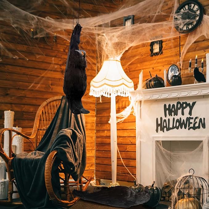 Lewtemi 4 Pcs 17 Inch Realistic Hanging Dead Crows Decoy Life Size Black Feathered Crow Fake Black Crows for Garden Decorations