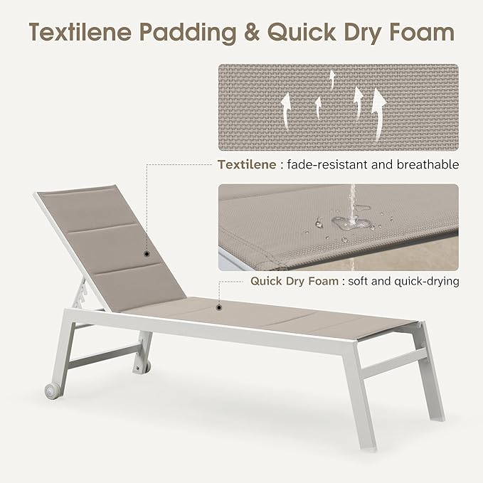 PURPLE LEAF Outdoor Chaise Lounge Adjustable Sunbathing Recliner with Side Table Khaki 2 Sets