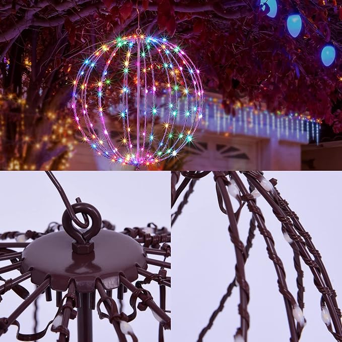 Christmas Ball Sphere, 10IN 48LED Hanging Tree and Pathway Light With Hook and Stake, Foldable Metal Frame Ball for Outdoor Garden, UL Listed, White Frame, RGB