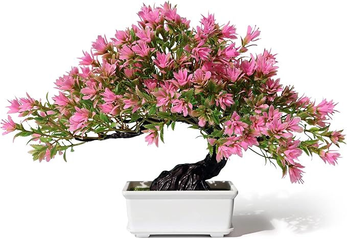 Fake Plants Plastic Artificial Bonsai Tree, Pink Room Decor Bonsai Tree for Home Bedroom Farmhouse Office Desk Decor, Tall 9.5"