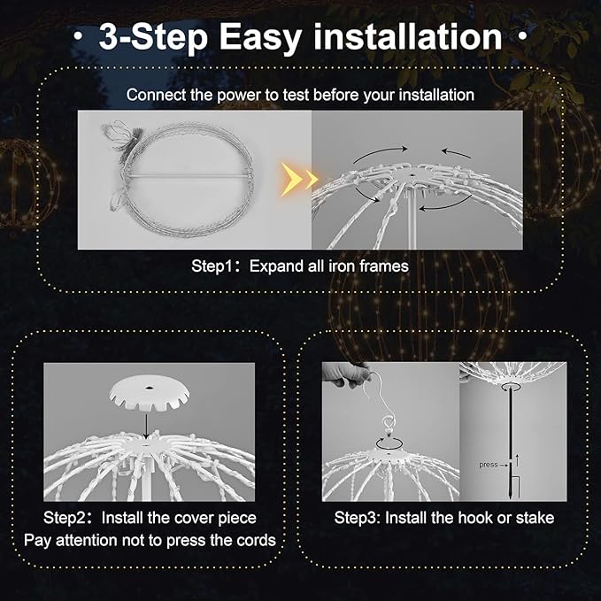 20IN Foldable Metal Frame Light Sphere - 200LED Hanging Tree and Pathway Light with Hook and Stake, UL Listed, White Frame, Warm White