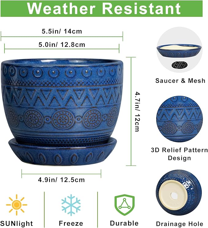 G EPGardening Pot for Plants 5 Inch - Ceramic Planter for Indoor Plants Outdoor, Succulent Pot with Drainage Hole and Saucer, Modern Home Garden Decor, Blue