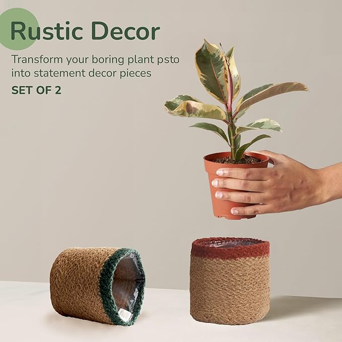 Jute Planter Basket-Woven Jute Rope Covers for Decorating Indoor/Outdoor Succulents, Small Plant Pots-Set of 2-Multi-Purpose Storage Bins 4.5 in - Modern Style Décor - Red, Green & Natural